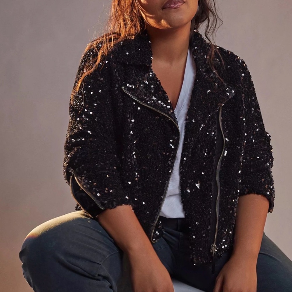 Maeve Anthropologie Black Sequin Moto Jacket 1X Holiday Party New Year’s Eve NEW